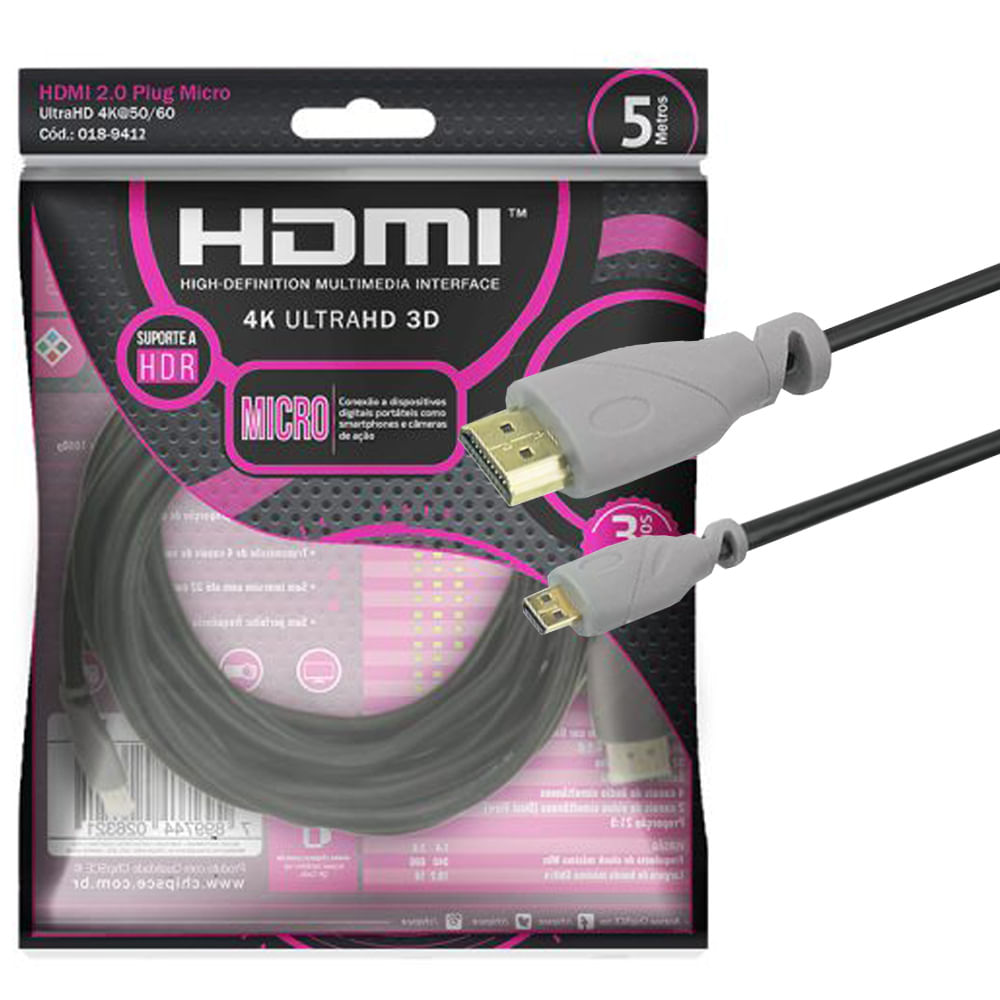 Cabo HDMI 2.0 Plug Micro 4K UltraHD 5,0 Metros - solucaocabo Mobile