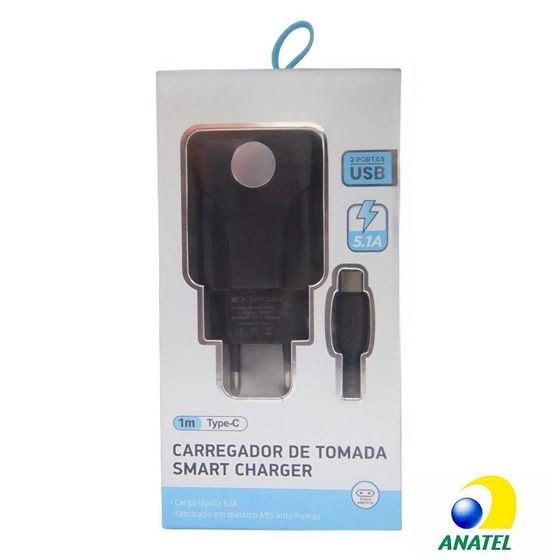 Carregador de Tomada 2 Portas USB Smart 5.1A Tipo-C 1,0 Metro - solucaocabo  Mobile